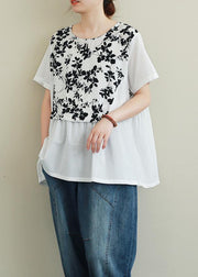 French black print cotton clothes For Women o neck patchwork Art blouses - SooLinen
