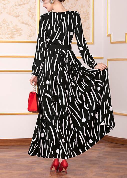 French black prints chiffon clothes tie waist Maxi big hem Dress - SooLinen