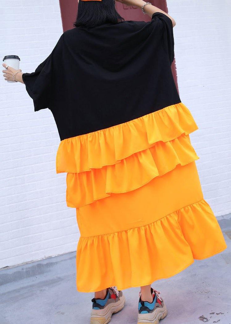 French black prints cotton clothes Women asymmetric hem ruffles loose summer Dress - SooLinen