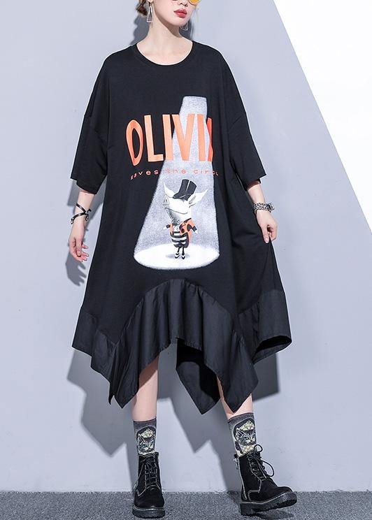 French black prints cotton clothes asymmetric hem Robe summer Dress - SooLinen