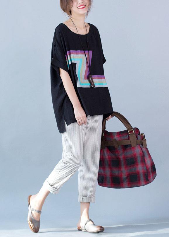 French black prints linen shirts women short sleeve Plus Size Clothing summer shirts - SooLinen