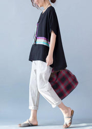 French black prints linen shirts women short sleeve Plus Size Clothing summer shirts - SooLinen
