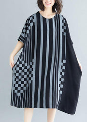 French black striped Cotton dresses o neck asymmetric Art summer Dress - SooLinen