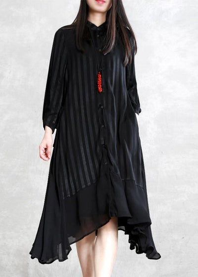 French black striped Fashion tunic pattern Neckline stand collar patchwork cardigan - SooLinen