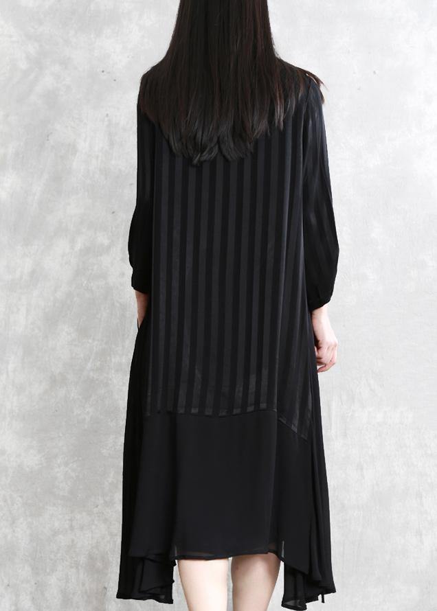 French black striped Fashion tunic pattern Neckline stand collar patchwork cardigan - SooLinen