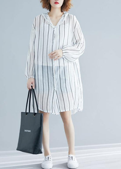 French black striped chiffon box top hooded daily summer shirts - SooLinen