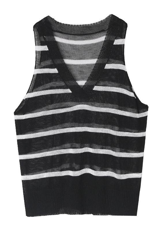 French black striped shirts v neck summer shirt - SooLinen