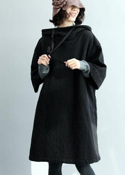 French black thick cotton clothes For Women hooded Traveling winter Dress - SooLinen