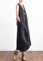 Französische schwarze Leinenkleidung mit V-Ausschnitt für Frauen, stilvolles Design, ärmelloses, lockeres Sommerkleid