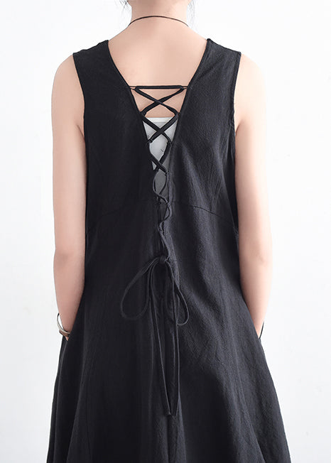 Französische schwarze Leinenkleidung mit V-Ausschnitt für Frauen, stilvolles Design, ärmelloses, lockeres Sommerkleid