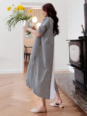French black white plaid Cotton clothes lapel low high design cotton Dress - SooLinen