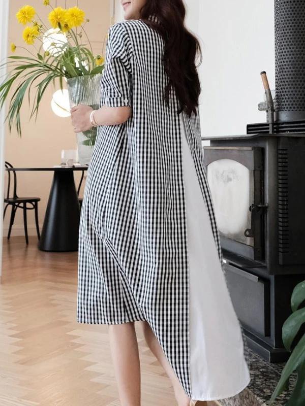 French black white plaid Cotton clothes lapel low high design cotton Dress - SooLinen