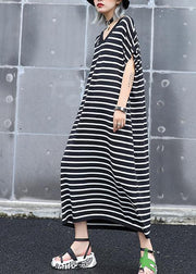 French black white striped cotton quilting dresses v neck A Line summer Dress - SooLinen