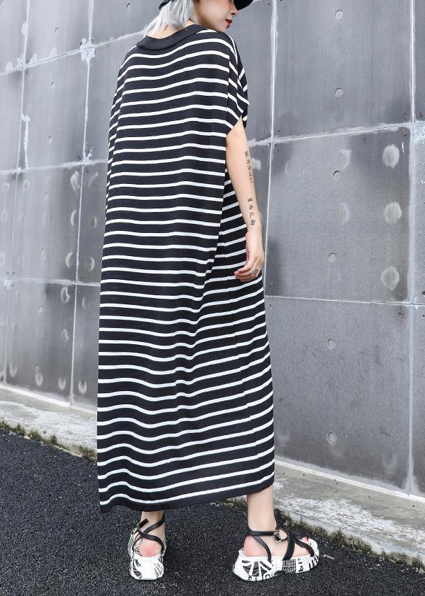 French black white striped cotton quilting dresses v neck A Line summer Dress - SooLinen