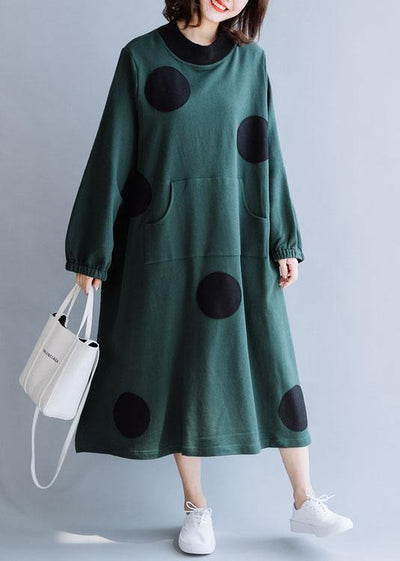 French blackish green cotton dresses patchwork pockets loose fall Dresses - SooLinen