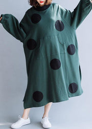 French blackish green cotton dresses patchwork pockets loose fall Dresses - SooLinen