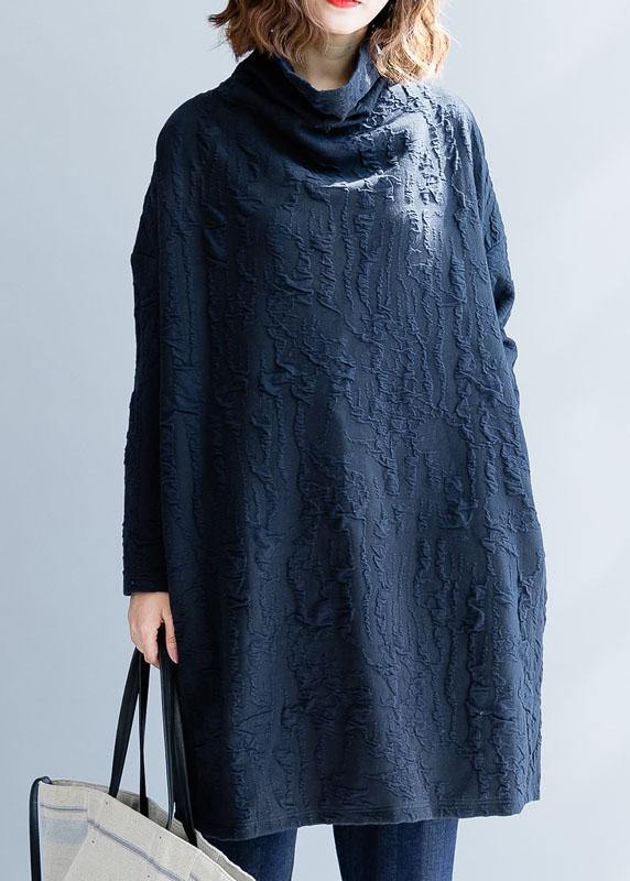 French blue Cotton Tunics high neck oversized fall Dress - SooLinen