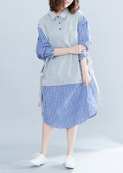 French Blue Plaid Cotton O fashion Tutorials Stand Collar Tie Waist Cotton Summer Dresses