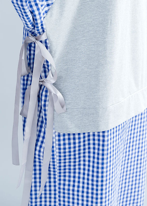 French Blue Plaid Cotton O fashion Tutorials Stand Collar Tie Waist Cotton Summer Dresses