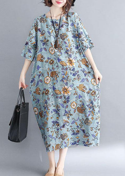 French blue floral cotton linen Soft Surroundings o neck Plus Size Clothing summer Dress - SooLinen