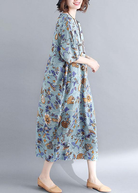 French blue floral cotton linen Soft Surroundings o neck Plus Size Clothing summer Dress - SooLinen