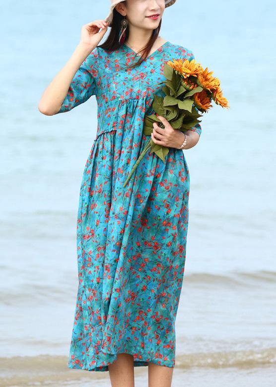 French blue floral linen clothes For Women patchwork long v neck Dresses - SooLinen