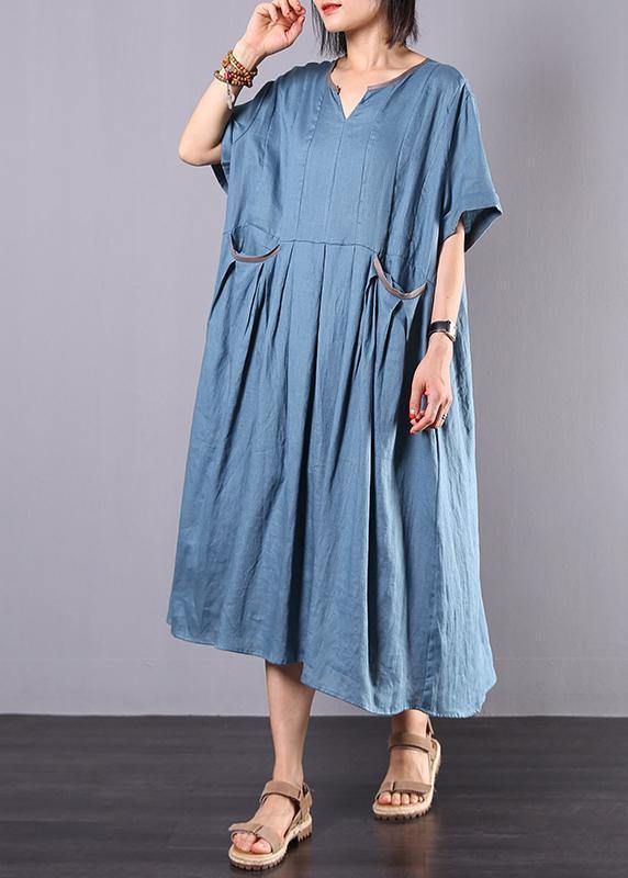 French blue linen clothes For Women big hem A Line summer Dress - SooLinen