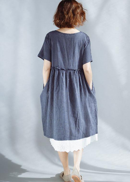 French blue o neck cotton clothes plaid ruffles Maxi summer Dresses - SooLinen