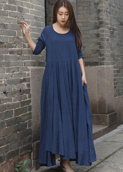 French blue patchwork cotton linen clothes For Women long sleeve Traveling summer Dresses - SooLinen