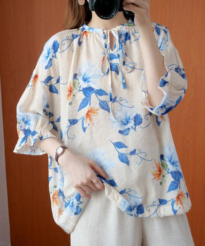French blue print clothes o neck lantern sleeve Plus Size Clothing summer shirt - SooLinen
