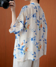 French blue print clothes o neck lantern sleeve Plus Size Clothing summer shirt - SooLinen