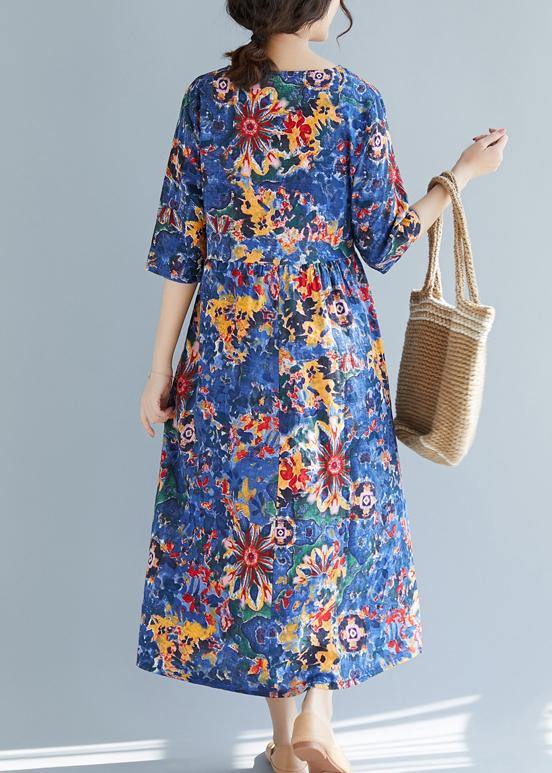 French blue print cotton clothes Women 18th Century Inspiration o neck Half sleeve Maxi Summer Dress - SooLinen