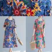 French blue print cotton clothes Women 18th Century Inspiration o neck Half sleeve Maxi Summer Dress - SooLinen