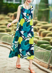 French blue print cotton clothes Women stylish Fabrics sleeveless A Line summer Dress - SooLinen