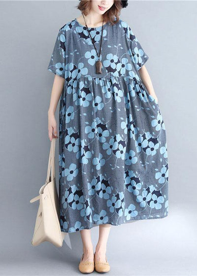 French blue print cotton linen clothes o neck Cinched Maxi Dresses - SooLinen