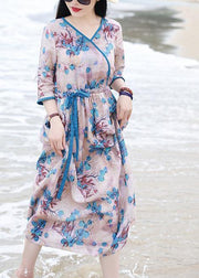 French blue print dress v neck drawstring long spring Dress - SooLinen