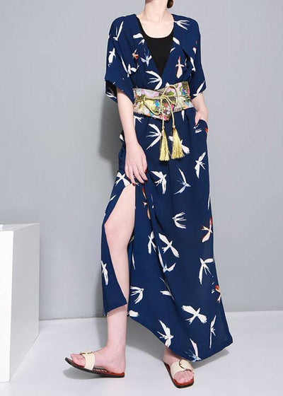 French blue prints chiffon dresses v neck Traveling summer Dress - SooLinen