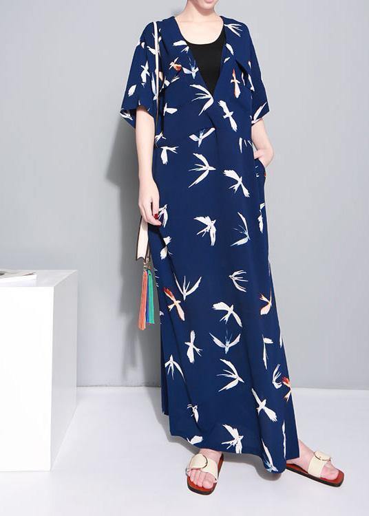 French blue prints chiffon dresses v neck Traveling summer Dress - SooLinen