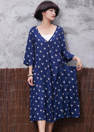 French blue prints v neck linen quilting clothes asymmetric tie cotton robes summer Dresses - SooLinen