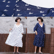 French blue prints v neck linen quilting clothes asymmetric tie cotton robes summer Dresses - SooLinen