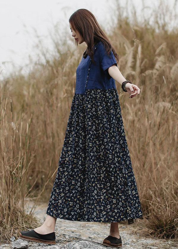 French blue short sleeve linen Robes patchwork summer Dress - SooLinen