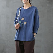 French blue tops women o neck patchwork Art top - SooLinen