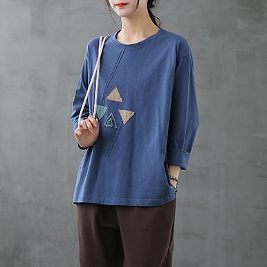 French blue tops women o neck patchwork Art top - SooLinen