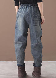 French blue trousers elastic waist elastic waist patchwork Gifts women trousers - SooLinen