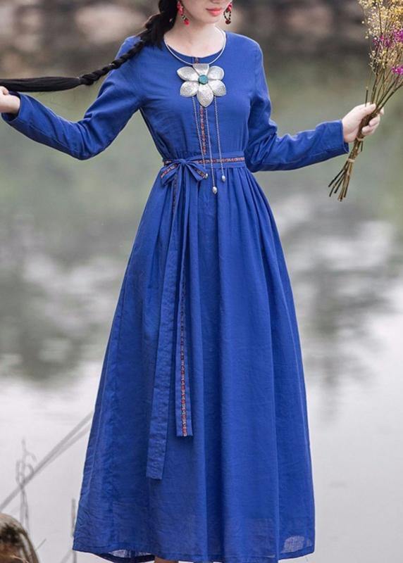 French blue Cinched dresses o neck tie waist robes Dresses - SooLinen