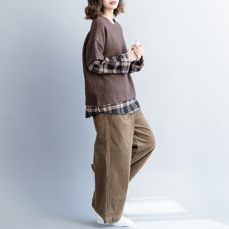 Französische braune Baumwollkleidung Bio-Tunika-Oberteile Tunika-O-Ausschnitt-Patchwork-Blusen