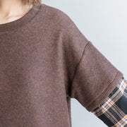 Französische braune Baumwollkleidung Bio-Tunika-Oberteile Tunika-O-Ausschnitt-Patchwork-Blusen