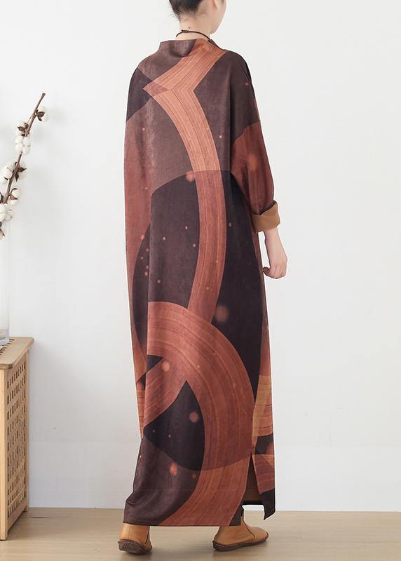 French brown priints cotton dresses loose waist  Art o neck Dress - SooLinen