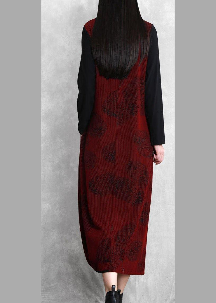 French burgundy Jacquard quilting clothes o neck patchwork Robe  Dresses - SooLinen