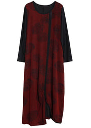 French burgundy Jacquard quilting clothes o neck patchwork Robe  Dresses - SooLinen